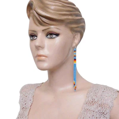 HANDMADE BEADED TURQUOISE BLUE EXTRA LONG EARRINGS E53/24 - Image 1 of 2
