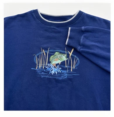 VTG 90’s MC Sports Bass Fishing Crewneck Navy Embroidered Adult Size XL Nature - Image 1 of 4