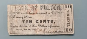 Moneda obsoleta - 10 centavos 1863 Bank of Fulton Atlanta Georgia #96288 - Imagen 1 de 2