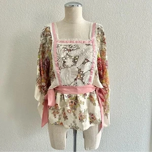 Camicia Anthropologie Tiny Begonia floreale taglia media rosa panna pizzo - Foto 1 di 11