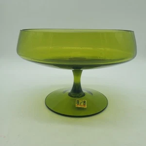 Vintage Mid Century Modern Italy Peedee Hand Made Green Glass Compote - Picture 1 of 8