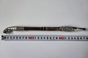  Silver Kiseru Samurai Motif Bamboo Handle Antique Smoking Pipe Japan Used  - Picture 1 of 10