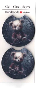 Set Of 2 Handmade Neoprene Car Coasters Creepy Teddy Bear Spooky Halloween Summe - Picture 1 of 2