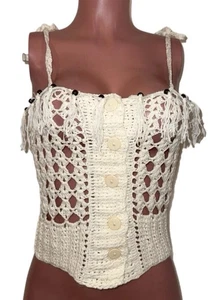 Y2K Beige Crochet Fringe Beaded Tassel Button Up Shoulder Tie Sweater Top M Boho - Picture 1 of 2