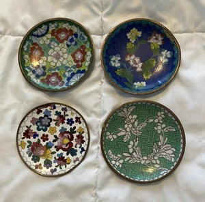 4 Vintage Floral Cloisonne Enamel Brass Small Trinket Dishes China AS IS - Picture 1 of 9