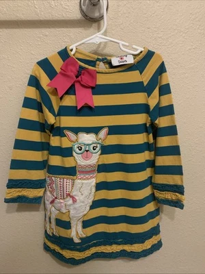 L@@K- Vestido Llama a Rayas Azulado y Amarillo Contando Margaritas Niñas con Lazo Rosa 5 Foto 1 de 4