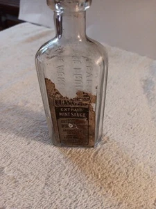 Antigua botella de vidrio transparente con extracto de menta Abner Royce. Etiqueta de papel parcial, Ohio - Imagen 1 de 5