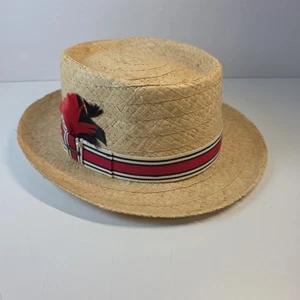 Vintage Stetson Stroh/Raffia Hut-FEDORA Hergestellt in den USA ROT WEISS MARINEBLAU MIT FEDERN  - Bild 1 von 15