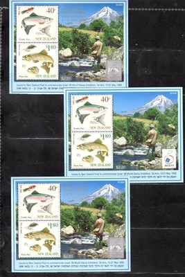 新西兰 #1444a 1998 鳟鱼钓鱼 MS'sx3 全新无标签 — 第 1/2 张图片