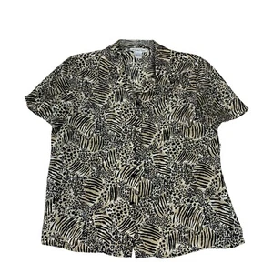 Camicetta Anna Frank top donna grande nera beige seta stampa animalier con bottoni - Foto 1 di 6