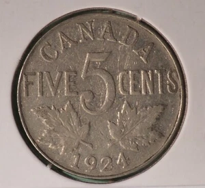 1924 - Canada 5 Cents - Nickel - Circulated - Nice Coin Album Collectable 🇨🇦 - Foto 1 di 2