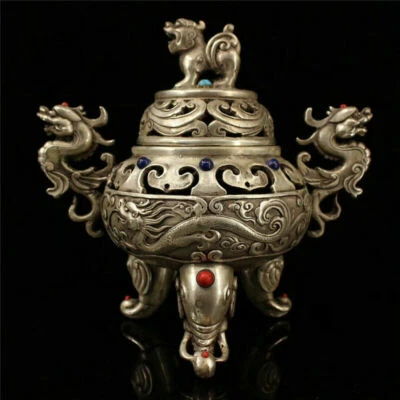 7.87" China copper silvering inlay Turquoise Handmade Lion Incense burner censer - Imagem 1 de 4