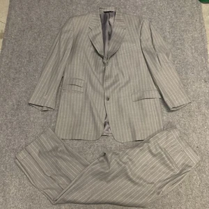 Burberry Mens Wool 2 Piece Full Suit Gray Striped, Jacket 46R, Pants 36x28 - Picture 1 of 12