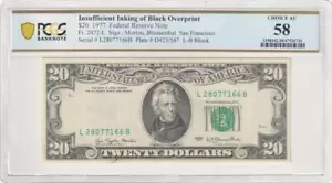 Fr. 2072-L 1977 $20 Error Insufficient Inking of Black Overprint PCGS AU58 - Picture 1 of 2