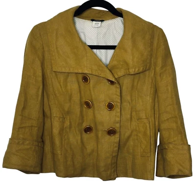 Jaqueta blazer J Crew linho peito duplo 4 marrom amarelo mostarda manga 3/4 - Imagem 1 de 4