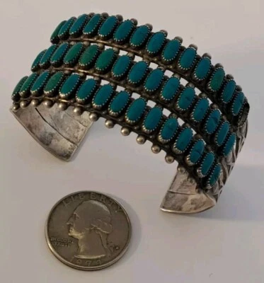 ZUNI Sterling Silver Turquoise Needlepoint Handmade Cuff Bracelet Hand Stamped - Image 1 of 4