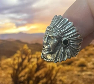 Navajo Indian Chief 925 Sterling Silver Onyx Ring Native American 3D Head VTG - Picture 1 of 13