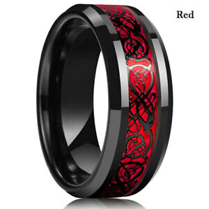 Classic Red Tungsten Wedding Band Black Tungsten Carbide Ring Retro Dragon Inlay