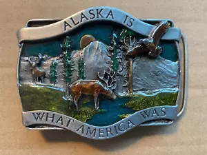 ALASKA IS WHAT AMERICA WAS Pewter Belt Buckle 1981 Bergamot Brass Works VINTAGE - Picture 1 of 2