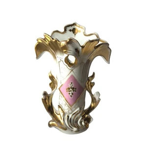 Jarrón nupcial antiguo francés de porcelana del siglo XIX con detalles de oro rosa de 9" - Imagen 1 de 8