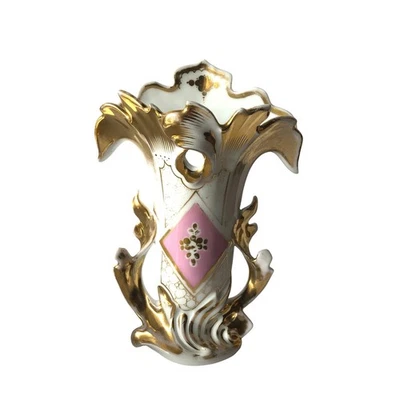 Jarrón nupcial antiguo francés de porcelana del siglo XIX con detalles de oro rosa de 9" Foto 1 de 4