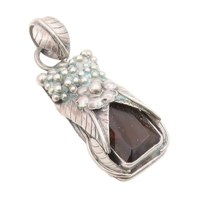 925 Sterling Silver Vintage Pendant Smoky Quartz Floral Leaf & Berries  PT25440 - Image 1 of 4
