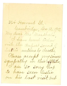 1902 Handwritten Letter Cambridge MA Death Leslie Signed Sara A. Bailey - Picture 1 of 2