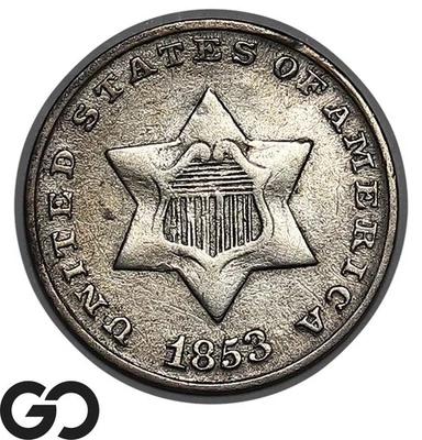 1853 Three Cent Silver Piece, Choice AU - Image 1 of 3