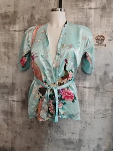 Oriental Village 100% Silk Kimono Robe – Peacock & Floral Print – Light Blue... - Picture 1 of 6
