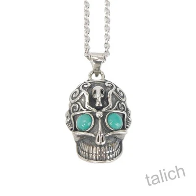 925 Sterling Silver Turquoise Eye Small Amulet Skull Pendant 18" Necklace Unique - Image 1 of 4