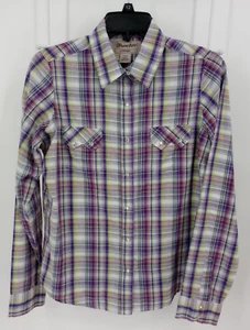 Wrangler Wrancher Western Pearl Snap Shirt Womens Medium Purple Green Plaid - Picture 1 of 19