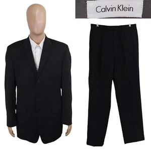 Calvin Klein Two Piece Three Button Wool Black Stripe Suit 40L Pants 32X32 - Picture 1 of 16