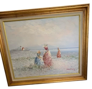 20th Century Original Canvas Painting Victorian Ladies Seaside by Maria Charlot - Picture 1 of 18