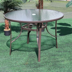 Brown 105cm Garden Glass Table Patio Outdoor Round Dining Table w/ Parasol Hole - Picture 1 of 6