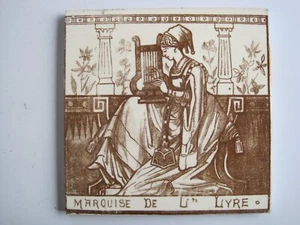 ANTIQUE 6" STEELE & WOOD LADY MUSICIANS SERIES TILE - MARQUISE DE L'LYRE C1880 - Picture 1 of 2