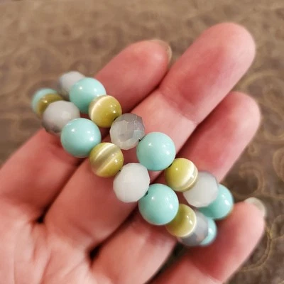 Handmade Upcycled Wrap Bracelet, mint olive and gray bracelet, memory wire - Image 1 of 4