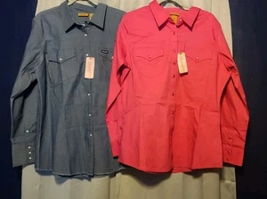 Wrangler Western Cowgirl Pearl Snap Shirts Lot Of 2 Pink & Denim Shirts Size XL - Picture 1 of 15