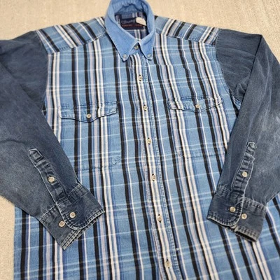 Vintage Wrangler Brush Popper Shirt Mens Medium Denim Patchwork Stripe USA - Image 1 of 4