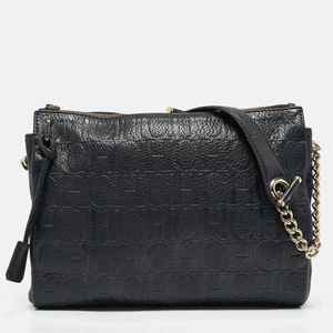 Carolina Herrera Navy Blue Monogram Embossed Leather Chain Shoulder Bag - Picture 1 of 10
