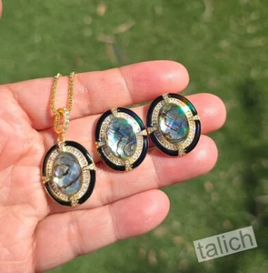 18K Gold Over Sterling Silver Abalone Baguette Cut CZ Oval Earrings Necklace Set - Picture 1 of 7
