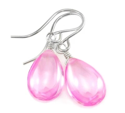 14k Gold Cubic Zirconia Earrings Simulated Pink Sapphire CZ Smooth Sterling Drop - Image 1 of 4