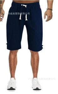 Pantalones cortos recortados de encaje de color liso simples informales sueltos de algodón y lino de verano para hombre - Imagen 1 de 5