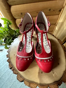 Ellie Bettie Page 3" Heel Cutouts Closed Toe T-Strap Shoes Women 6 Red White - Picture 1 of 7