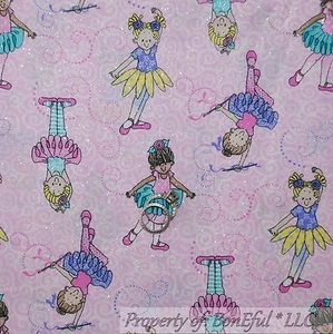 BonEful Fabric FQ Cotton Quilt Pink Ballet Dance Glitter Tutu Girl Swirl Dot - Picture 1 of 12