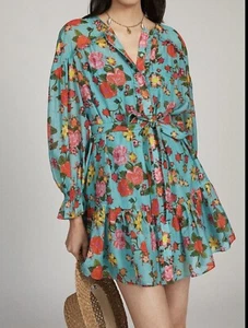 Saloni Silk Pixie Floral Print Belted Cottagecore Mini Dress Size UK 8/US 4 NWT - Picture 1 of 11
