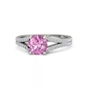 18K White Gold Natural Pink Sapphire and Diamonds Women's Engagement Ring - Picture 1 of 4