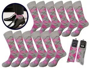 12 PK Dress Socks Diamond Argyle GRAY PINK 10-13 Cotton Wedding Socks - Picture 1 of 5