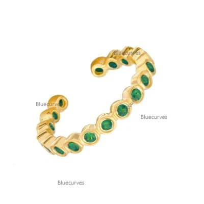 Natural Emerald Open Ear Cuff Earring in 14k Yellow Gold Bezel Set Wedding Gift - Image 1 of 2