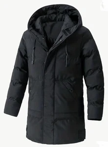 Men's Coat Mid-length Coat Hooded Cotton Coat Winter Workwear Long Warm Jacket - Picture 1 of 8