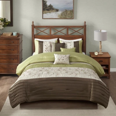 QUALITY BEAUTIFUL MODERN ELEGANT CHIC SAGE GREEN IVORY BROWN STRIPE PILLOW COMFORTER SET